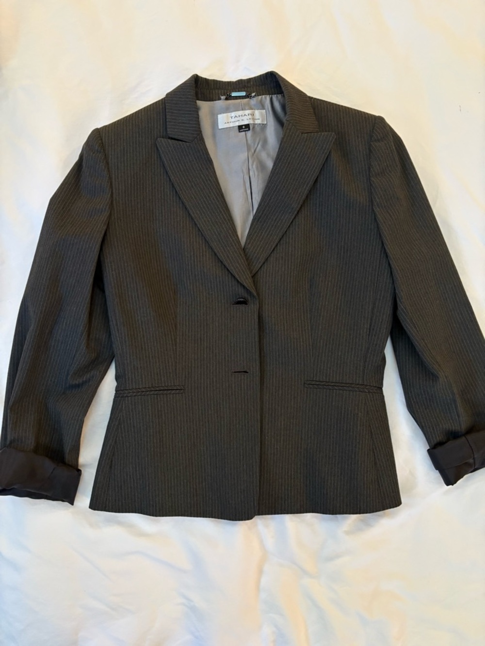 Tahari Classic Women's Charcoal Pinstripe Blazer & Skirt Set - Picture 3 of 15